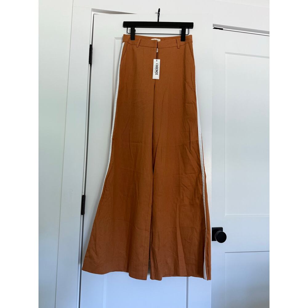 $525 New L’agence Linen Blend Gavin Wide Leg Trousers - Ginger Ivory Stripe - 2 - Picture 2 of 9